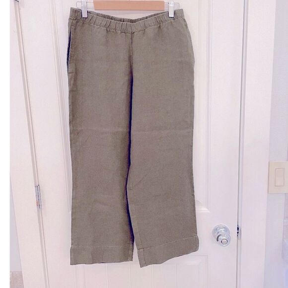 J. Jill Brown Grey 100% Linen Cropped Flat Front Wide Leg Pull On Pants Size L - Picture 2 of 6